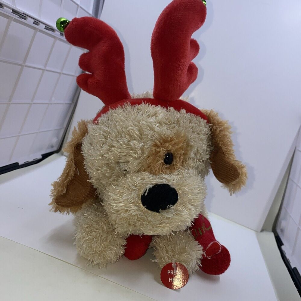 Sound N Light Animatronics Singing Move Christmas Puppy Dog Plush Antlers WORKS